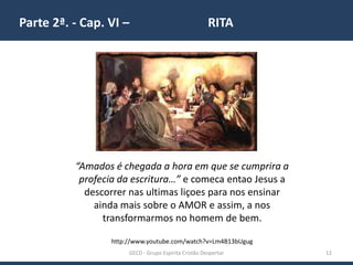 Parte 2ª. - Cap. VI – RITA
GECD - Grupo Espírita Cristão Despertar 12
“Amados é chegada a hora em que se cumprira a
profecia da escritura…” e comeca entao Jesus a
descorrer nas ultimas liçoes para nos ensinar
ainda mais sobre o AMOR e assim, a nos
transformarmos no homem de bem.
http://www.youtube.com/watch?v=Lm4B13bUgug
 