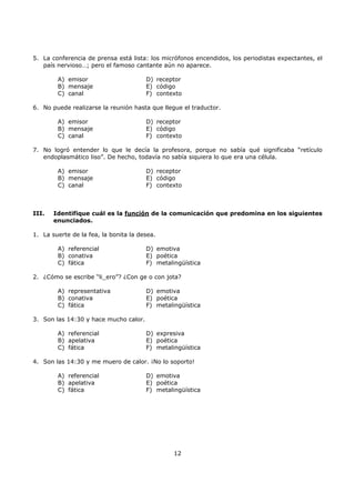 12
5. La conferencia de prensa está lista: los micrófonos encendidos, los periodistas expectantes, el
país nervioso…; pero el famoso cantante aún no aparece.
A) emisor
B) mensaje
C) canal
D) receptor
E) código
F) contexto
6. No puede realizarse la reunión hasta que llegue el traductor.
A) emisor
B) mensaje
C) canal
D) receptor
E) código
F) contexto
7. No logró entender lo que le decía la profesora, porque no sabía qué significaba “retículo
endoplasmático liso”. De hecho, todavía no sabía siquiera lo que era una célula.
A) emisor
B) mensaje
C) canal
D) receptor
E) código
F) contexto
III. Identifique cuál es la función de la comunicación que predomina en los siguientes
enunciados.
1. La suerte de la fea, la bonita la desea.
A) referencial
B) conativa
C) fática
D) emotiva
E) poética
F) metalingüística
2. ¿Cómo se escribe “li_ero”? ¿Con ge o con jota?
A) representativa
B) conativa
C) fática
D) emotiva
E) poética
F) metalingüística
3. Son las 14:30 y hace mucho calor.
A) referencial
B) apelativa
C) fática
D) expresiva
E) poética
F) metalingüística
4. Son las 14:30 y me muero de calor. ¡No lo soporto!
A) referencial
B) apelativa
C) fática
D) emotiva
E) poética
F) metalingüística
 