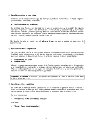 6
b) Función emotiva o expresiva
Centrada en el emisor del mensaje. Se distingue cuando se manifiesta su realidad subjetiva
(sentimientos, emociones, opiniones).
• ¡Qué bueno que hoy es viernes!
Se enfatiza esta función con claridad en el uso de exclamaciones, la elección de algunos
recursos lingüísticos (como los diminutivos, aumentativos y despectivos) y numerosos
recursos no verbales (como los gestos). Algunos típicos textos de carácter expresivo son las
descripciones valorativas, las opiniones y otras manifestaciones subjetivas como declaraciones
de amor, insultos, agradecimientos, felicitaciones, etc.
En teoría literaria se asocia con el género lírico, ya que la poesía es expresión de
sentimientos.
c) Función conativa o apelativa
Se centra en el receptor y se distingue en aquellas situaciones comunicativas que tienen como
finalidad apelar directamente a él, dando órdenes, solicitando, preguntando o intentando
persuadir a actuar de determinada forma. En síntesis, tratando de dirigir su conducta.
• Dime la hora, por favor.
• ¿Vamos al cine?
Algunas expresiones gramaticales propias de la función conativa son el vocativo, el imperativo
y la modalidad interrogativa. En el lenguaje icónico: las flechas y los letreros de prohibición.
Algunos textos apelativos son las leyes, los manuales de instrucción y las guías prácticas de
estudio, así como los discursos publicitario y político.
El género dramático es apelativo, porque en la exposición del conflicto hay una exhortación
a que el lector reaccione.
d) Función poética o estética
Se centra en el mensaje mismo. Se relaciona con la literatura en general, porque se refiere a
cómo se configura el mensaje, a su forma; pero se observa con claridad en muchos otros tipos
de discurso de la vida cotidiana, especialmente en la publicidad y en el habla popular.
No es lo mismo decir
• “Una persona no ha cambiado su conducta”
que decir:
• “Genio y figura hasta la sepultura”
 