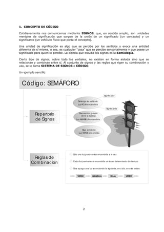 2
1. CONCEPTO DE CÓDIGO
Cotidianamente nos comunicamos mediante SIGNOS, que, en sentido amplio, son unidades
mentales de significación que surgen de la unión de un significado (un concepto) y un
significante (un vehículo físico que porta el concepto).
Una unidad de significación es algo que se percibe por los sentidos y evoca una entidad
diferente de sí misma, o sea, es cualquier “cosa” que se percibe sensorialmente y que posee un
significado para quien lo percibe. La ciencia que estudia los signos es la Semiología.
Cierto tipo de signos, sobre todo los verbales, no existen en forma aislada sino que se
relacionan y combinan entre sí. Al conjunto de signos y las reglas que rigen su combinación y
uso, se le llama SISTEMA DE SIGNOS o CÓDIGO.
Un ejemplo sencillo:
Luz ROJA encendida
Detenga su vehículo
Código: SEMÁFORO
Repertorio
de Signos
Reglas de
Combinación
Luz AMARILLA encendida
Precaución: pronto
viene la luz roja
Luz VERDEencendida
Siga adelante
Significado
Significante
Sólo una luz puede estar encendida a la vez
Cada luz permanece encendida un lapso determinado de tiempo
Si se apaga una luz se enciende la siguiente, en ciclo, en este orden:
VERDE AMARILLA ROJA VERDE
 