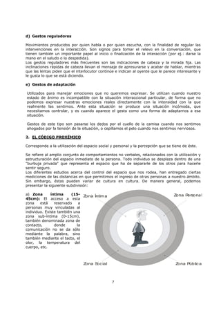 7
d) Gestos reguladores
Movimientos producidos por quien habla o por quien escucha, con la finalidad de regular las
intervenciones en la interacción. Son signos para tomar el relevo en la conversación, que
tienen también un importante papel al inicio o finalización de la interacción (por ej.: darse la
mano en el saludo o la despedida).
Los gestos reguladores más frecuentes son las indicaciones de cabeza y la mirada fija. Las
inclinaciones rápidas de cabeza llevan el mensaje de apresurarse y acabar de hablar, mientras
que las lentas piden que el interlocutor continúe e indican al oyente que le parece interesante y
le gusta lo que se está diciendo.
e) Gestos de adaptación
Utilizados para manejar emociones que no queremos expresar. Se utilizan cuando nuestro
estado de ánimo es incompatible con la situación interaccional particular, de forma que no
podemos expresar nuestras emociones reales directamente con la intensidad con la que
realmente las sentimos. Ante esta situación se produce una situación incómoda, que
necesitamos controlar, y es cuando aparece el gesto como una forma de adaptarnos a esa
situación.
Gestos de este tipo son pasarse los dedos por el cuello de la camisa cuando nos sentimos
ahogados por la tensión de la situación, o cepillamos el pelo cuando nos sentimos nerviosos.
2. EL CÓDIGO PROXÉMICO
Corresponde a la utilización del espacio social y personal y la percepción que se tiene de éste.
Se refiere al amplio conjunto de comportamientos no verbales, relacionados con la utilización y
estructuración del espacio inmediato de la persona. Todo individuo se desplaza dentro de una
"burbuja privada" que representa el espacio que ha de separarle de los otros para hacerle
sentir seguro.
Los diferentes estudios acerca del control del espacio que nos rodea, han entregado ciertas
mediciones de las distancias en que permitimos el ingreso de otras personas a nuestro ámbito.
Sin embargo, éstas pueden variar de cultura en cultura. De manera general, podemos
presentar la siguiente subdivisión:
a) Zona íntima (15-
45cm): El acceso a esta
zona está reservado a
personas muy vinculadas al
individuo. Existe también una
zona sub-íntima (0-15cm),
también denominada zona de
contacto, donde la
comunicación no se da sólo
mediante la palabra, sino
también mediante el tacto, el
olor, la temperatura del
cuerpo, etc.
Zona Íntima Zona Personal
Zona Social Zona Pública
 