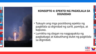 KONSEPTO 4: EPEKTO NG PAGKILALA SA
DIGNIDAD
• Tukuyin ang mga positibong epekto ng
pagkilala sa dignidad ng sarili, pamilya, at
kapuwa.
• Lumikha ng slogan na nagpapakita ng
pagbabago at kabutihang dulot ng pagkilala
sa dignidad.
 