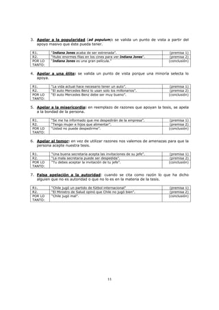 11
3. Apelar a la popularidad (ad populum): se valida un punto de vista a partir del
apoyo masivo que éste pueda tener.
R1. “Indiana Jones acaba de ser estrenada”. (premisa 1)
R2. “Hubo enormes filas en los cines para ver Indiana Jones”. (premisa 2)
POR LO
TANTO:
“Indiana Jones es una gran película.” (conclusión)
4. Apelar a una élite: se valida un punto de vista porque una minoría selecta lo
apoya.
R1. “La vida actual hace necesario tener un auto”. (premisa 1)
R2. “El auto Mercedes Benz lo usan solo los millonarios”. (premisa 2)
POR LO
TANTO:
“El auto Mercedes Benz debe ser muy bueno”. (conclusión)
5. Apelar a la misericordia: en reemplazo de razones que apoyan la tesis, se apela
a la bondad de la persona.
R1. “Se me ha informado que me despedirán de la empresa”. (premisa 1)
R2. “Tengo mujer e hijos que alimentar”. (premisa 2)
POR LO
TANTO:
“Usted no puede despedirme”. (conclusión)
6. Apelar al temor: en vez de utilizar razones nos valemos de amenazas para que la
persona acepte nuestra tesis.
R1. “Una buena secretaria acepta las invitaciones de su jefe”. (premisa 1)
R2. “La mala secretaria puede ser despedida”. (premisa 2)
POR LO
TANTO:
“Tu debes aceptar la invitación de tu jefe”. (conclusión)
7. Falsa apelación a la autoridad: cuando se cita como razón lo que ha dicho
alguien que no es autoridad o que no lo es en la materia de la tesis.
R1. “Chile jugó un partido de fútbol internacional” (premisa 1)
R2. “El Ministro de Salud opinó que Chile no jugó bien”. (premisa 2)
POR LO
TANTO:
“Chile jugó mal”. (conclusión)
 