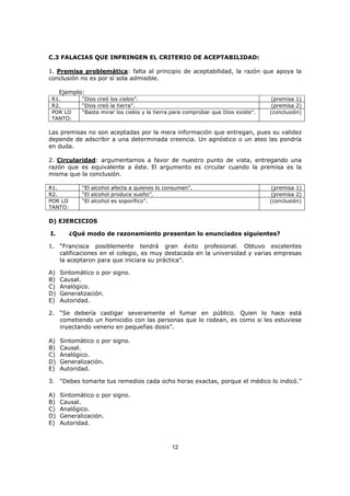 12
C.3 FALACIAS QUE INFRINGEN EL CRITERIO DE ACEPTABILIDAD:
1. Premisa problemática: falta al principio de aceptabilidad, la razón que apoya la
conclusión no es por sí sola admisible.
Ejemplo:
R1. “Dios creó los cielos”. (premisa 1)
R2. “Dios creó la tierra”. (premisa 2)
POR LO
TANTO:
“Basta mirar los cielos y la tierra para comprobar que Dios existe”. (conclusión)
Las premisas no son aceptadas por la mera información que entregan, pues su validez
depende de adscribir a una determinada creencia. Un agnóstico o un ateo las pondría
en duda.
2. Circularidad: argumentamos a favor de nuestro punto de vista, entregando una
razón que es equivalente a éste. El argumento es circular cuando la premisa es la
misma que la conclusión.
R1. “El alcohol afecta a quienes lo consumen”. (premisa 1)
R2. “El alcohol produce sueño”. (premisa 2)
POR LO
TANTO:
“El alcohol es soporífico”. (conclusión)
D) EJERCICIOS
I. ¿Qué modo de razonamiento presentan lo enunciados siguientes?
1. “Francisca posiblemente tendrá gran éxito profesional. Obtuvo excelentes
calificaciones en el colegio, es muy destacada en la universidad y varias empresas
la aceptaron para que iniciara su práctica”.
A) Sintomático o por signo.
B) Causal.
C) Analógico.
D) Generalización.
E) Autoridad.
2. “Se debería castigar severamente el fumar en público. Quien lo hace está
cometiendo un homicidio con las personas que lo rodean, es como si les estuviese
inyectando veneno en pequeñas dosis”.
A) Sintomático o por signo.
B) Causal.
C) Analógico.
D) Generalización.
E) Autoridad.
3. “Debes tomarte tus remedios cada ocho horas exactas, porque el médico lo indicó.”
A) Sintomático o por signo.
B) Causal.
C) Analógico.
D) Generalización.
E) Autoridad.
 