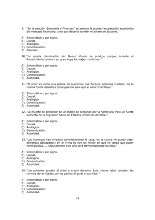 14
9. “En la sección “Economía y Finanzas” se predice la pronta recuperación económica
del mercado financiero, creo que debería invertir mi dinero en acciones.”
A) Sintomático o por signo.
B) Causal.
C) Analógico.
D) Generalización.
E) Autoridad.
10. “La rápida colonización del Nuevo Mundo se produjo porque durante el
Renacimiento tuvieron un gran auge los viajes marítimos.”
A) Sintomático o por signo.
B) Causal.
C) Analógico.
D) Generalización.
E) Autoridad.
11. “El amor es como una planta. Si queremos que florezca debemos cuidarla. De la
misma forma debemos preocuparnos para que el amor fructifique.”
A) Sintomático o por signo.
B) Causal.
C) Analógico.
D) Generalización.
E) Autoridad.
12. “La muerte de alrededor de un millón de personas por la hambruna trajo un fuerte
aumento de la migración hacia los Estados Unidos de América.”
A) Sintomático o por signo.
B) Causal.
C) Analógico.
D) Generalización.
E) Autoridad.
13. “Las hormigas han invadido completamente la casa; en la cocina no puedo dejar
alimentos destapados; en el living no hay un rincón en que no tenga que poner
hormiguicida, ... seguramente este año será tremendamente lluvioso.”
A) Sintomático o por signo.
B) Causal.
C) Analógico.
D) Generalización.
E) Autoridad.
14. “Los puntales ayudan al árbol a crecer derecho. Esta misma labor cumplen las
normas claras fijadas por los padres al guiar a sus hijos.”
A) Sintomático o por signo.
B) Causal.
C) Analógico.
D) Generalización.
E) Autoridad.
 