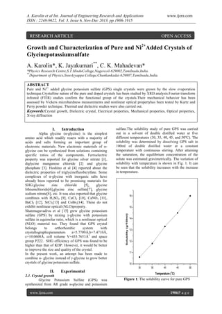 A. Karolin et al Int. Journal of Engineering Research and Applications
ISSN : 2248-9622, Vol. 3, Issue 6, Nov-Dec 2013, pp.1906-1915

www.ijera.com

RESEARCH ARTICLE

OPEN ACCESS

Growth and Characterization of Pure and Ni2+Added Crystals of
Glycinepotassiumsulfate
A. Karolin*, K. Jayakumari**, C. K. Mahadevan*
*Physics Research Centre,S.T.HinduCollege,Nagercoil-629002,Tamilnadu,India.
**
Department of Physics,SreeAyyappa College,Chunkankadai-629807,Tamilnadu,India.

ABSTRACT
Pure and Ni2+ added glycine potassium sulfate (GPS) single crystals were grown by the slow evaporation
technique.Crystalline nature of the pure and doped crystals has been studied by XRD analysis.Fourier transform
infrared (FTIR) studies confirm the functional group of the crystals.Their mechanical behavior has been
assessed by Vickers microhardness measurements and nonlinear optical propertyhas been tested by Kurtz and
Perry powder technique. Thermal and dielectric studies were also carried out.
Keywords:Crystal growth, Dielectric crystal, Electrical properties, Mechanical properties, Optical properties,
X-ray diffraction

Introduction

sulfate.The solubility study of pure GPS was carried
out in a solvent of double distilled water at five
different temperatures (30, 35, 40, 45, and 50ºC). The
solubility was determined by dissolving GPS salt in
100ml of double distilled water at a constant
temperature with continuous stirring. After attaining
the saturation, the equilibrium concentration of the
solute was estimated gravimetrically. The variation of
solubility with temperature is shown in Fig. 1. It can
be seen that the solubility increases with the increase
in temperature.

16

15
Solubility (g/100ml)

I.

Alpha glycine (α-glycine) is the simplest
amino acid which readily reacts with a majority of
acids and salts forming an important group of
electronic materials. New electronic materials of αglycine can be synthesized from solutions containing
specific ratios of the components. Ferroelectric
property was reported for glycine silver nitrate [1],
diglycine manganese chloride [2] and glycine
phosphate [3]. Hoshino et al [4] reported about the
dielectric properties of triglycinefluroberyllate. Some
complexes of α-glycine with inorganic salts have
already been reported to be promising materials for
SHG:glycine
zinc
chloride
[5],
glycine
lithiumchloride[6],glycine zinc sulfate[7], glycine
sodium nitrate[8], etc. It was also reported that glycine
combines with H2SO4 [9], CaCl2 [10], CaNO3 [11],
BaCl2 [12], SrCl2[13] and CoBr2[14]. These do not
exhibit nonlinear optical (NLO)property.
Shanmugavadivu et al [15] grew glycine potassium
sulfate (GPS) by mixing γ-glycine with potassium
sulfate in equimolar ratio, which is a nonlinear optical
(NLO) material too. They found that GPS crystal
belongs
to
orthorhombic
system
with
crystallographicparameters
a=5.7709Å,b=7.4710Å,
c=10.0608Å, cell volume V=433.7653Å3 and space
group P222. SHG efficiency of GPS was found to be
higher than that of KDP. However, it would be better
to improve the size and quality of the crystal.
In the present work, an attempt has been made to
combine α- glycine instead of γ-glycine to grow better
crystals of glycine potassium sulfate.

14

13

12

11

10
30

II.

Experimental

2.1. Crystal growth
Glycine Potassium Sulfate (GPS) was
synthesized from AR grade α-glycine and potassium
www.ijera.com

35

40

45

50

o

Temperature ( C)

Figure 1: The solubility curve for pure GPS

1906|P a g e

 