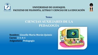CIENCIAS AUXILIARES DE LA
PEDAGOGÍA
UNIVERSIDAD DE GUAYAQUIL
FACULTAD DE FILOSOFÍA, LETRAS Y CIENCIAS DE LA EDUCACIÓN
Tema:
Nombre: Gisselle María Morán Quimis
Curso: 2-1-A-1
Asignatura: Pedagogía
 