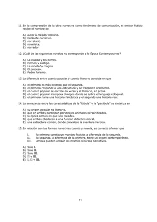 11
11. En la comprensión de la obra narrativa como fenómeno de comunicación, el emisor ficticio
recibe el nombre de
A) autor o creador literario.
B) hablante narrativo.
C) narratario.
D) novelista.
E) narrador.
12. ¿Cuál de las siguientes novelas no corresponde a la Época Contemporánea?
A) La ciudad y los perros.
B) Crimen y castigo.
C) La montaña mágica
D) El proceso.
E) Pedro Páramo.
13. La diferencia entre cuento popular y cuento literario consiste en que
A) el primero es más extenso que el segundo.
B) el primero responde a una estructura y se transmite oralmente.
C) el cuento popular se escribe en verso y el literario, en prosa.
D) el cuento popular incorpora diálogos donde se aplica el lenguaje coloquial.
E) el primero narra una historia fantástica y el segundo una historia real.
14. La semejanza entre las características de la “fábula” y la “parábola” se sintetiza en
A) su origen popular no literario.
B) que en ambas participan personajes animales personificados.
C) la época común en que son creadas.
D) que ambas obedecen a una función didáctico moral.
E) una estructura común, donde prevalece la aventura heroica.
15. En relación con las formas narrativas cuento y novela, es correcto afirmar que
I. la primera constituye mundos ficticios a diferencia de la segunda.
II. la segunda, a diferencia de la primera, tiene un origen contemporáneo.
III. ambas pueden utilizar los mismos recursos narrativos.
A) Sólo I.
B) Sólo II.
C) Sólo III.
D) II y III.
E) I, II y III.
 