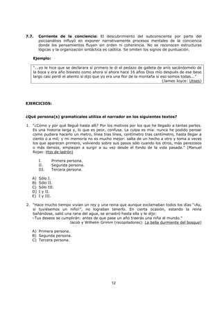 12
7.7. Corriente de la conciencia: El descubrimiento del subconsciente por parte del
psicoanálisis influyó en exponer narrativamente procesos mentales de la conciencia
donde los pensamientos fluyen sin orden ni coherencia. No se reconocen estructuras
lógicas y la organización sintáctica es caótica. Se omiten los signos de puntuación.
Ejemplo:
“...yo le hice que se declarara sí primero le di el pedazo de galleta de anís sacándomelo de
la boca y era año bisiesto como ahora sí ahora hace 16 años Dios mío después de ese beso
largo casi perdí el aliento sí dijo que yo era una flor de la montaña sí eso somos todas...”
(James Joyce: Ulises)
EJERCICIOS:
¿Qué persona(s) gramaticales utiliza el narrador en los siguientes textos?
1. “¿Cómo y por qué llegué hasta allí? Por los motivos por los que he llegado a tantas partes.
Es una historia larga y, lo que es peor, confusa. La culpa es mía: nunca he podido pensar
como pudiera hacerlo un metro, línea tras línea, centímetro tras centímetro, hasta llegar a
ciento o a mil; y mi memoria no es mucho mejor: salta de un hecho a otro y toma a veces
los que aparecen primero, volviendo sobre sus pasos sólo cuando los otros, más perezosos
o más densos, empiezan a surgir a su vez desde el fondo de la vida pasada.” (Manuel
Rojas: Hijo de ladrón)
I. Primera persona.
II. Segunda persona.
III. Tercera persona.
A) Sólo I.
B) Sólo II.
C) Sólo III.
D) I y II.
E) I y III.
2. “Hace mucho tiempo vivían un rey y una reina que aunque exclamaban todos los días “¡Ay,
si tuviésemos un niño!”, no lograban tenerlo. En cierta ocasión, estando la reina
bañándose, salió una rana del agua, se arrastró hasta ella y le dijo:
–Tus deseos se cumplirán: antes de que pase un año traerás una niña al mundo.”
Jacob y Wilhelm Grimm (recopiladores): La bella durmiente del bosque)
A) Primera persona.
B) Segunda persona.
C) Tercera persona.
 