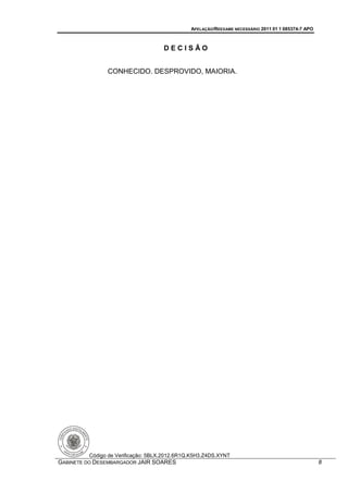 APELAÇÃO/REEXAME NECESSÁRIO 2011 01 1 085374-7 APO



                                    DECISÃO


               CONHECIDO. DESPROVIDO, MAIORIA.




         Código de Verificação: 5BLX.2012.6R1Q.K5H3.Z4DS.XYNT
GABINETE DO DESEMBARGADOR JAIR SOARES                                                              8
 