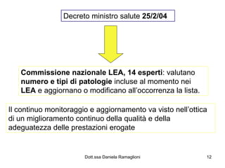 Decreto ministro salute  25/2/04 Commissione nazionale LEA, 14 esperti : valutano  numero e tipi di patologie  incluse al momento nei  LEA  e aggiornano o modificano all’occorrenza la lista. Il continuo monitoraggio e aggiornamento va visto nell’ottica di un miglioramento continuo della qualità e della adeguatezza delle prestazioni erogate 