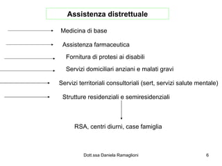 Assistenza distrettuale Medicina di base Assistenza farmaceutica Fornitura di protesi ai disabili Servizi domiciliari anziani e malati gravi Servizi territoriali consultoriali (sert, servizi salute mentale) Strutture residenziali e semiresidenziali RSA, centri diurni, case famiglia 