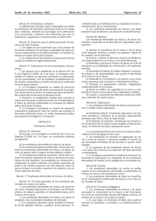 Sevilla, 26 de diciembre 2007                              BOJA núm. 252                                          Página núm. 19



     Artículo 75. Enseñanzas a distancia.                           mentando tanto su creatividad como su capacidad de acción y
     La planificación educativa anual contemplará una oferta        transformación de los conocimientos.
de enseñanzas de formación profesional inicial en la modali-             4. Las enseñanzas elementales de música y de danza
dad a distancia, utilizando las tecnologías de la información       prestarán especial atención a la educación musical temprana.
y la comunicación, conforme a las condiciones que para su
autorización, organización y funcionamiento se determinen.               Artículo 80. Objetivos.
                                                                         Las enseñanzas elementales de música y de danza con-
     Artículo 76. Estancias para el perfeccionamiento de idio-      tribuirán a desarrollar en el alumnado las capacidades que le
mas en la Unión Europea.                                            permitan:
     1. Con objeto de que el alumnado que cursa estudios de
formación profesional inicial tenga la posibilidad de perfeccio-         a) Apreciar la importancia de la música o de la danza
nar sus conocimientos en un idioma extranjero, se facilitará su     como lenguajes artísticos y medios de expresión cultural de
estancia en países de la Unión Europea.                             los pueblos y de las personas.
     2. La contribución de las familias a la financiación de esta        b) Conocer y valorar el patrimonio musical de Andalucía,
medida se establecerá reglamentariamente.                           con especial atención a la música y a la danza flamencas.
                                                                         c) Interpretar y practicar la música o la danza con el fin de
      Artículo 77. Colaboración con las universidades y las em-     enriquecer sus posibilidades de comunicación y de realización
presas.                                                             personal.
      1. Sin perjuicio de lo establecido en el artículo 44.3 de          d) Desarrollar los hábitos de trabajo individual y de grupo,
la Ley Orgánica 2/2006, de 3 de mayo, la Consejería com-            de esfuerzo y de responsabilidad, que supone el aprendizaje
petente en materia de educación promoverá la colaboración           de la música o de la danza.
con las universidades, a fin de establecer convalidaciones en-           e) Desarrollar la concentración y la audición como condi-
tre estudios universitarios y estudios de formación profesional     ciones necesarias para la práctica e interpretación artística.
inicial de grado superior.                                               f) Participar en agrupaciones artísticas, integrándose
      2. La Consejería competente en materia de educación           equilibradamente en el conjunto.
promoverá la implicación del sector empresarial en los progra-           g) Actuar en público con seguridad en sí mismo y com-
mas de formación en centros de trabajo que habrá de desarro-        prender la función comunicativa de la interpretación artística.
llar el alumnado de formación profesional inicial.                       h) Conocer y comprender las diferentes tendencias artísti-
      3. Asimismo, se establecerán medidas para conectar la         cas y culturales de nuestra época.
esfera de la formación profesional inicial con el ámbito laboral,
a través de prácticas profesionales en empresas de distintos            Artículo 81. Organización.
países de la Unión Europea.                                             1. Las enseñanzas elementales de música y de danza ten-
      4. La Consejería competente en materia de educación           drán un doble modelo organizativo:
promoverá la colaboración entre los centros que imparten la
formación profesional inicial y el sector empresarial andaluz            a) Enseñanzas básicas. Enseñanzas adecuadas a los pro-
para apoyar la investigación e innovación.                          cesos formativos y evolutivos de la persona, especialmente
                                                                    pensadas para niños y niñas en edad escolar.
                         CAPÍTULO VI                                     b) Enseñanzas de iniciación. Enseñanzas de iniciación o
                                                                    de dinamización de la cultura musical dirigidas a todas las per-
                     Enseñanzas artísticas                          sonas, sin distinción de edad o preparación previa.
     Artículo 78. Definición.                                             2. Las enseñanzas básicas de música y de danza se desa-
     De acuerdo con lo recogido en el artículo 45.2 de la Ley       rrollarán de forma regular en dos ciclos.
Orgánica 2/2006, de 3 de mayo, son enseñanzas artísticas                  3. Las enseñanzas de iniciación se organizarán en cur-
las siguientes:                                                     sos o ciclos de duración y estructura variable en función de
                                                                    las necesidades formativas de las personas a quienes estén
     a) Las enseñanzas elementales de música y de danza.            dirigidas.
     b) Las enseñanzas artísticas profesionales. Tienen esta con-         4. La superación de las enseñanzas básicas de música
dición las enseñanzas profesionales de música y de danza, así       o de danza dará derecho a la obtención del título elemental
como los grados medio y superior de artes plásticas y diseño.       correspondiente.
     c) Las enseñanzas artísticas superiores. Tienen esta con-            5. La Consejería competente en materia de educación de-
dición los estudios superiores de música y de danza, las ense-      terminará la organización y la evaluación de las enseñanzas
ñanzas de arte dramático, las enseñanzas de conservación y          elementales de acuerdo con lo establecido en la presente Ley.
restauración de bienes culturales, los estudios superiores de
diseño y los estudios superiores de artes plásticas, entre los           Artículo 82. Centros.
que se incluyen los estudios superiores de cerámica y los es-            1. Las enseñanzas elementales de música se podrán
tudios superiores del vidrio.                                       impartir en los conservatorios elementales y profesionales de
                                                                    música, así como en las escuelas de música.
 Sección 1.ª Enseñanzas elementales de música y de danza                 2. Las enseñanzas elementales de danza se impartirán
                                                                    en los conservatorios profesionales de danza y, en su caso, en
     Artículo 79. Principios generales de las enseñanzas ele-       las escuelas de danza.
mentales de música y de danza.
     1. Las enseñanzas elementales de música y de danza tie-              Artículo 83. Principios pedagógicos.
nen como finalidad proporcionar al alumnado una formación                 1. Las enseñanzas elementales de música y de danza
artística de calidad y garantizar el conocimiento básico de la      priorizarán la comprensión de la música y del movimiento,
música y de la danza.                                               así como los conocimientos básicos del lenguaje musical y la
     2. Las enseñanzas elementales de música y de danza se          práctica de la música o de la danza en grupo.
adaptarán a las necesidades formativas del alumnado.                      2. En esta etapa, se fomentará el hábito de la audición
     3. Los programas educativos darán prioridad al desarro-        musical y la asistencia a conciertos o a manifestaciones ar-
llo de las aptitudes rítmicas y auditivas de las personas, fo-      tísticas.
 