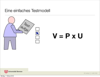 Eine einfaches Testmodell

                            Tes
                          au t-
                            fga

                                   V=PxU




                                           © Karsten D. Wolf 2008
Montag, 1. Februar 2010
 