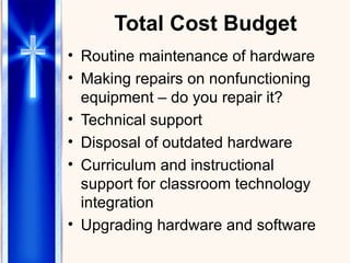 Total Cost Budget Routine maintenance of hardware Making repairs on nonfunctioning equipment – do you repair it? Technical support Disposal of outdated hardware Curriculum and instructional support for classroom technology integration Upgrading hardware and software 