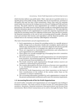 2 Accountancy – Not-for-Profit Organisation and Partnership Accounts
which function without any profit motive. Their main aim is to provide service to a
specific group or the public at large. Normally, they do not manufacture, purchase or
sell goods and may not have credit transactions. Hence they need not maintain
many books of account (as the trading concerns do) and Trading and Profit and Loss
Account. The funds raised by such organisations are credited to capital fund or
general fund. The major sources of their income usually are subscriptions from their
members donations, grants-in-aid, income from investments, etc. The main objective
of keeping records in such organisations is to meet the statutory requirement and
helptheminexercisingcontroloverutilisationoftheirfunds.Theyalsohavetoprepare
the financial statements at the end of each accounting period (usually a financial
year) and ascertain their income and expenditure and the financial position, and
submit them to the statutory authority called Registrar of Societies.
The main characteristics of such organisations are:
1. Such organisations are formed for providing service to a specific group or
public at large such as education, health care, recreation, sports and so on
without any consideration of caste, creed and colour. Its sole aim is to provide
service either free of cost or at nominal cost, and not to earn profit.
2. These are organised as charitable trusts/societies and subscribers to
such organisation are called members.
3. Their affairs are usually managed by a managing/executive committee
elected by its members.
4. The main sources of income of such organisations are: (i) subscriptions
from members, (ii) donations (general). (iii) legacies(general). (iv) grant-
in-aid, (v) income from investments, etc.
5. The funds raised by such organisations through various sources are
credited to capital fund or general fund.
6. The surplus generated in the form of excess of income over expenditure
is not distributed amongst the members. It is simply added in the
capital fund.
7. The Not-for-Profit Organisations earn their reputation on the basis of
their contributions to the welfare of the society rather than on the
customers’ or owners’ satisfaction.
8. The accounting information provided by such organisations is meant for
the present and potential contributors and to meet the statutory requirement.
1.2 Accounting Records of Not-for-Profit Organisations
As stated earlier, normally such organisations are not engaged in any trading or
business activities. The main sources of their income are subscriptions from
members, donations, financial assistance from government and income from
investments. Most of their transactions are in cash or through the bank. These
2020-21
 
