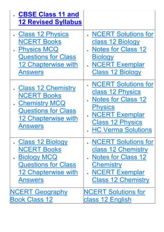  CBSE Class 11 and
12 Revised Syllabus
 Class 12 Physics
NCERT Books
 Physics MCQ
Questions for Class
12 Chapterwise with
Answers
 NCERT Solutions for
class 12 Biology
 Notes for Class 12
Biology
 NCERT Exemplar
Class 12 Biology
 Class 12 Chemistry
NCERT Books
 Chemistry MCQ
Questions for Class
12 Chapterwise with
Answers
 NCERT Solutions for
class 12 Physics
 Notes for Class 12
Physics
 NCERT Exemplar
Class 12 Physics
 HC Verma Solutions
 Class 12 Biology
NCERT Books
 Biology MCQ
Questions for Class
12 Chapterwise with
Answers
 NCERT Solutions for
class 12 Chemistry
 Notes for Class 12
Chemistry
 NCERT Exemplar
Class 12 Chemistry
NCERT Geography
Book Class 12
NCERT Solutions for
class 12 English
 