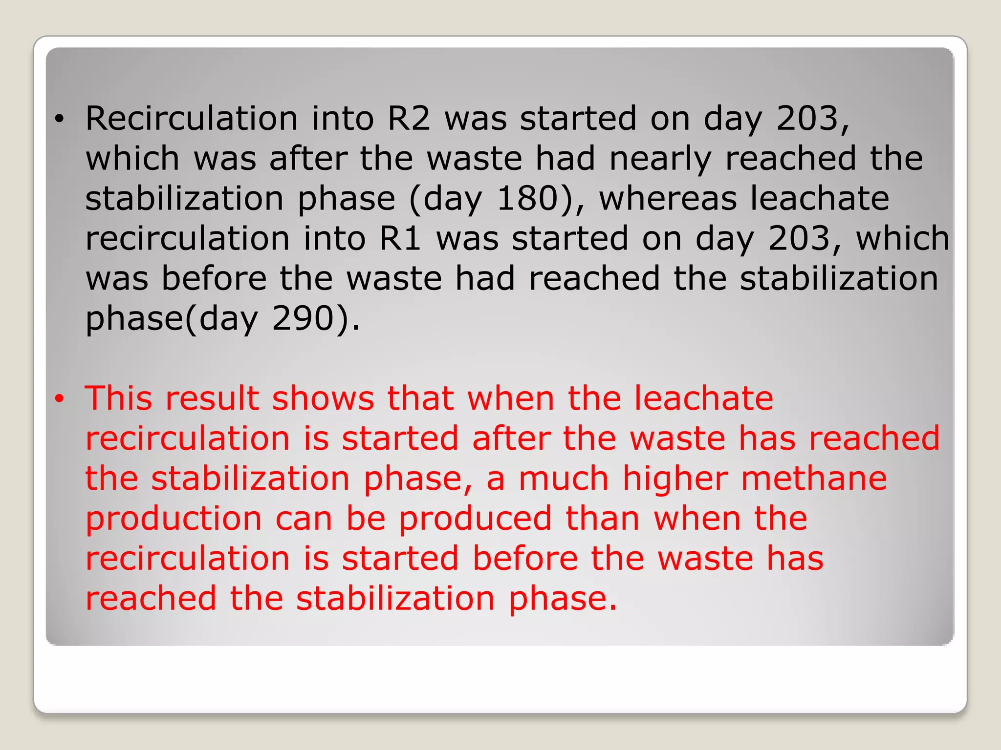 • Recirculation into R2 was started on day 203,
which was after the waste had nearly reached the
stabilization phase (day 180), whereas leachate
recirculation into R1 was started on day 203, which
was before the waste had reached the stabilization
phase(day 290).
• This result shows that when the leachate
recirculation is started after the waste has reached
the stabilization phase, a much higher methane
production can be produced than when the
recirculation is started before the waste has
reached the stabilization phase.
 