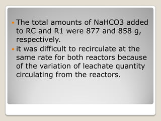  The total amounts of NaHCO3 added
to RC and R1 were 877 and 858 g,
respectively.
 it was difficult to recirculate at the
same rate for both reactors because
of the variation of leachate quantity
circulating from the reactors.
 