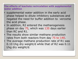 • supplemental water addition in the early acid
phase helped to dilute inhibitory substances and
negated the need for buffer addition to vercome
the acid phase.
• In addition, R2 entered the methanogenesis
phase on day 75, which was 135 days earlier
than RC and R1.
• The results show similar methane production
rates from both reactors from day 75 to 140.
• The average methane production rate of R1 was
0.10 l/kg dry weight/d while that of R2 was 0.11
l/kg dry weight/d.
The effects of leachate recirculation with supplemental
water addition
 