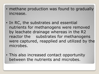 • methane production was found to gradually
increase.
• In RC, the substrates and essential
nutrients for methanogens were removed
by leachate drainage whereas in the R2
reactor the substrates for methanogens
were captured, reapplied and utilized by the
microbes.
• This also increased contact opportunity
between the nutrients and microbes.
 