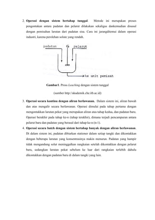 2. Operasi dengan sistem bertahap tunggal.

Metode ini merupakan proses

pengontakan antara padatan dan pelarut dilakukan sekaligus dankemudian disusul
dengan pemisahan larutan dari padatan sisa. Cara ini jarangditemui dalam operasi
industri, karena perolehan solute yang rendah.

Gambar1. Pross Leaching dengan sistem tunggal
(sumber http://akademik.che.itb.ac.id)
3. Operasi secara kontinu dengan aliran berlawanan. Dalam sistem ini, aliran bawah
dan atas mengalir secara berlawanan. Operasi dimulai pada tahap pertama dengan
mengontakkan larutan pekat yang merupakan aliran atas tahap kedua, dan padatan baru.
Operasi berakhir pada tahap ke-n (tahap terakhir), dimana terjadi pencampuran antara
pelarut baru dan padatan yang berasal dari tahap ke-n (n-1).
4. Operasi secara batch dengan sistem bertahap banyak dengan aliran berlawanan.
Di dalam sistem ini, padatan dibiarkan stationer dalam setiap tangki dan dikontakkan
dengan beberapa larutan yang konsentrasinya makin menurun. Padatan yang hampir
tidak mengandung solut meninggalkan rangkaian setelah dikontakkan dengan pelarut
baru, sedangkan larutan pekat sebelum ke luar dari rangkaian terlebih dahulu
dikontakkan dengan padatan baru di dalam tangki yang lain.

 