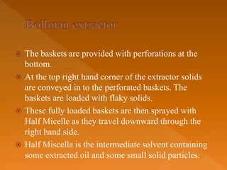 The baskets are provided with perforations at the
bottom.
 At the top right hand corner of the extractor solids
are conveyed in to the perforated baskets. The
baskets are loaded with flaky solids.
 These fully loaded baskets are then sprayed with
Half Micelle as they travel downward through the
right hand side.
 Half Miscella is the intermediate solvent containing
some extracted oil and some small solid particles.
 