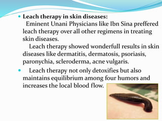  Leach therapy in skin diseases:
Eminent Unani Physicians like Ibn Sina preffered
leach therapy over all other regimens in treating
skin diseases.
Leach therapy showed wonderfull results in skin
diseases like dermatitis, dermatosis, psoriasis,
paronychia, scleroderma, acne vulgaris.
 Leach therapy not only detoxifies but also
maintains equilibrium among four humors and
increases the local blood flow.
 