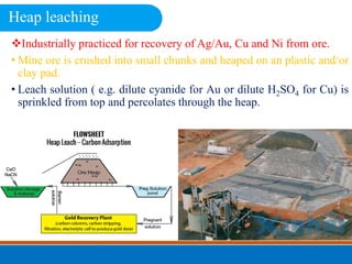 Industrially practiced for recovery of Ag/Au, Cu and Ni from ore.
• Mine ore is crushed into small chunks and heaped on a...