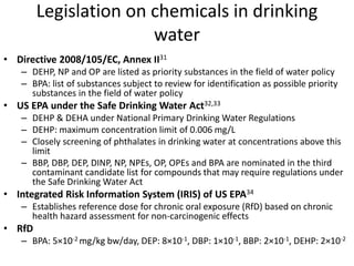 Legislation on chemicals in drinking
water
• Directive 2008/105/EC, Annex II31
– DEHP, NP and OP are listed as priority substances in the field of water policy
– BPA: list of substances subject to review for identification as possible priority
substances in the field of water policy
• US EPA under the Safe Drinking Water Act32,33
– DEHP & DEHA under National Primary Drinking Water Regulations
– DEHP: maximum concentration limit of 0.006 mg/L
– Closely screening of phthalates in drinking water at concentrations above this
limit
– BBP, DBP, DEP, DINP, NP, NPEs, OP, OPEs and BPA are nominated in the third
contaminant candidate list for compounds that may require regulations under
the Safe Drinking Water Act
• Integrated Risk Information System (IRIS) of US EPA34
– Establishes reference dose for chronic oral exposure (RfD) based on chronic
health hazard assessment for non-carcinogenic effects
• RfD
– BPA: 5×10-2 mg/kg bw/day, DEP: 8×10-1, DBP: 1×10-1, BBP: 2×10-1, DEHP: 2×10-2
 