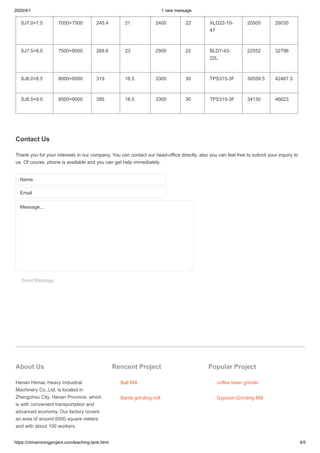 2020/4/1 1 new message
https://chinaminingproject.com/leaching-tank.html 4/5
SJ7.0×7.5 7000×7500 245.4 21 2400 22 XLD22-10-
47
20505 29030
SJ7.5×8.0 7500×8000 268.6 23 2900 22 BLD7-43-
22L
22552 32796
SJ8.0×8.5 8000×8500 319 18.5 3300 30 TPS315-3F 30559.5 42467.3
SJ8.5×9.0 8500×9000 395 18.5 3300 30 TPS315-3F 34130 46623
Contact Us
Thank you for your interests in our company. You can contact our head-office directly, also you can feel free to submit your inquiry to
us. Of course, phone is available and you can get help immediately.
Name
Email
Send Message
About Us
Henan Hiimac Heavy Industiral
Machinery Co.,Ltd. is located in
Zhengzhou City, Henan Province, which
is with convenient transportation and
advanced economy. Our factory covers
an area of around 6500 square meters
and with about 100 workers.
Rencent Project
Ball Mill
Barite grinding mill
Popular Project
coffee bean grinder
Gypsum Grinding Mill
Message...
 