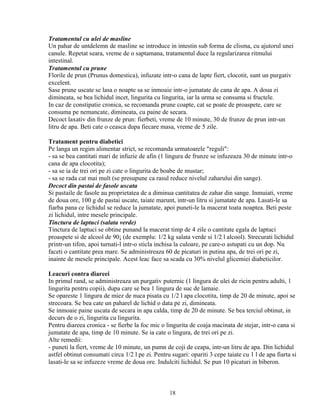 Tratamentul cu ulei de masline
Un pahar de untdelemn de masline se introduce in intestin sub forma de clisma, cu ajutorul unei
canule. Repetat seara, vreme de o saptamana, tratamentul duce la regularizarea ritmului
intestinal.
Tratamentul cu prune
Florile de prun (Prunus domestica), infuzate intr-o cana de lapte fiert, clocotit, sunt un purgativ
excelent.
Sase prune uscate se lasa o noapte sa se inmoaie intr-o jumatate de cana de apa. A doua zi
dimineata, se bea lichidul incet, lingurita cu lingurita, iar la urma se consuma si fructele.
In caz de constipatie cronica, se recomanda prune coapte, cat se poate de proaspete, care se
consuma pe nemancate, dimineata, cu paine de secara.
Decoct laxativ din frunze de prun: fierbeti, vreme de 10 minute, 30 de frunze de prun intr-un
litru de apa. Beti cate o ceasca dupa fiecare masa, vreme de 5 zile.

Tratament pentru diabetici
Pe langa un regim alimentar strict, se recomanda urmatoarele "reguli":
- sa se bea cantitati mari de infuzie de afin (1 lingura de frunze se infuzeaza 30 de minute intr-o
cana de apa clocotita);
- sa se ia de trei ori pe zi cate o lingurita de boabe de mustar;
- sa se rada cat mai mult (se presupune ca rasul reduce nivelul zaharului din sange).
Decoct din pastai de fasole uscata
Si pastaile de fasole au proprietatea de a diminua cantitatea de zahar din sange. Inmuiati, vreme
de doua ore, 100 g de pastai uscate, taiate marunt, intr-un litru si jumatate de apa. Lasati-le sa
fiarba pana ce lichidul se reduce la jumatate, apoi puneti-le la macerat toata noaptea. Beti peste
zi lichidul, intre mesele principale.
Tinctura de laptuci (salata verde)
Tinctura de laptuci se obtine punand la macerat timp de 4 zile o cantitate egala de laptuci
proaspete si de alcool de 90¡ (de exemplu: 1/2 kg salata verde si 1/2 l alcool). Strecurati lichidul
printr-un tifon, apoi turnati-l intr-o sticla inchisa la culoare, pe care-o astupati cu un dop. Nu
faceti o cantitate prea mare. Se administreaza 60 de picaturi in putina apa, de trei ori pe zi,
inainte de mesele principale. Acest leac face sa scada cu 30% nivelul glicemiei diabeticilor.

Leacuri contra diareei
In primul rand, se administreaza un purgativ puternic (1 lingura de ulei de ricin pentru adulti, 1
lingurita pentru copii), dupa care se bea 1 lingura de suc de lamaie.
Se opareste 1 lingura de miez de nuca pisata cu 1/2 l apa clocotita, timp de 20 de minute, apoi se
strecoara. Se bea cate un paharel de lichid o data pe zi, dimineata.
Se inmoaie paine uscata de secara in apa calda, timp de 20 de minute. Se bea terciul obtinut, in
decurs de o zi, lingurita cu lingurita.
Pentru diareea cronica - se fierbe la foc mic o lingurita de coaja macinata de stejar, intr-o cana si
jumatate de apa, timp de 10 minute. Se ia cate o lingura, de trei ori pe zi.
Alte remedii:
- puneti la fiert, vreme de 10 minute, un pumn de coji de ceapa, intr-un litru de apa. Din lichidul
astfel obtinut consumati circa 1/2 l pe zi. Pentru sugari: opariti 3 cepe taiate cu 1 l de apa fiarta si
lasati-le sa se infuzeze vreme de doua ore. Indulciti lichidul. Se pun 10 picaturi in biberon.



                                                  18
 