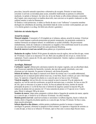 prea dure, leacurile naturale reprezinta o alternativa de exceptie. Pretuite in toata lumea,
cercetate si activate ca niciodata pana acum, remediile traditionale au patruns in cabinetele
medicale, in spitale si farmacii. Iar intre ele, la loc de frunte se afla stiinta milenara a taranilor
din Carpati, mai conservatori cu traditia decat altii, mai convinsi ca in spatele vindecarii se afla
sufletul omului si mila lui Dumnezeu.
Si fiindca a venit primavara, si odata cu florile de mar si cais "infloresc" si anumite metehne
dezlegate de schimbarea de anotimp, deschidem lada de zestre cu retete vechi populare, pe care
vi le oferim gratuit si cu drag. (In felul asta efectul e garantat.)

Suferinte ale tubului digestiv

Arsuri la stomac
Mancati migdale: Consumul a 5-10 migdale pe zi inlatura, adesea, arsurile la stomac. Uleiul pe
care il contin depune o pelicula protectoare pe peretii stomacului, iar proteinele continute in
samburi formeaza un tampon natural, in combinatie cu acidul clorhidric. De provenienta
mehedinteana, reteta de vindecare a stomacului cu migdale a fost confirmata recent la un centru
de cercetare din orasul Haifa (Israel) de catre profesorul Kleeberg.
Sucul de morcovi cruzi sau cartofi (doua pahare pe zi) potoleste arsurile.

Radacina de reglisa: fierbeti 50 de grame de radacina rasa de reglisa, intr-un litru de apa, vreme
de 10 minute. Lasati sa se macereze 5-6 ore. Beti cate un pahar de trei ori pe zi, vreme de trei
saptamani. Faceti o pauza de 10 zile, apoi reluati tratamentul. Atentie: reglisa e contraindicata in
caz de hipertensiune.

Aerofagie, Balonari
Carbunele vegetal: obtinut prin calcinarea materiei de origine vegetala, este un absorbant ideal,
care fixeaza pe suprafata lui bacteriile, toxinele, dar mai ales gazele intestinale, care sunt
eliminate pe cale naturala. Se gaseste in farmacii, sub forma de pastile.
Infuzie de tarhon: daca dupa ce mancati aveti dureri de stomac sau vi se umfla abdomenul,
presarati pe tot ce mancati putin tarhon tocat sau, si mai bine, faceti o infuzie, pe care o beti dupa
masa. Se opareste o lingurita de planta cu o cana de apa si se lasa sa stea 10 minute.
Vinul de angelica: intr-un litru de vin rosu natural se pun la macerat 30 g de radacina de
angelica, un varf de cutit de scortisoara, un praf de nucsoara rasa, o cuisoara. Se lasa sa stea 20
de zile, apoi se strecoara si se pune in sticla. Se bea un paharel de tuica, inainte de mesele
principale de peste zi. La fel de bun este si lichiorul de angelica: puneti la macerat 40 g de
radacina de planta intr-un amestec de 1/3 tuica naturala de prune si 2/3 apa de izvor. Cand e
gata, filtrati si adaugati 200 g de miere.
Seminte de marar: dupa masa, preparati o infuzie dintr-o lingurita de seminte de marar, oparite
cu o cana de apa, si lasati-le sa se infuzeze 10 minute. Au efect imediat.
Roinita pentru nervosi: cand nervozitatea si anxietatea va tulbura digestia, faceti o infuzie de
roinita, dintr-o lingurita de planta oparita cu o cana de apa. Se lasa 10 minute. Se bea o cana,
dupa mesele principale.
Infuzie digestiva din chimen: celebru pentru combaterea gazelor la stomac si impotriva
aerofagiei in general, chimenul se prepara in felul urmator: se opareste o lingurita de seminte cu
o cana de apa, se lasa sa se infuzeze 10 minute, apoi se bea cate o ceasca dupa fiecare masa.



                                                  48
 