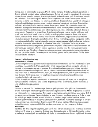 florale, care in iunie se afla la apogeu. Duceti-va la o margine de padure, strajuita de salcami si
de soci infloriti, inspirati adanc parfumul primelor flori de tei, lasati-va narcotizati de mireasma
tufelor albe de iasomie. Imbatati de atatea parfumuri, veti crede ca ati gasit drumul spre paradis,
dar "minunea" e ceva mai departe. O veti afla in clipa cand veti incerca sa deosebiti fiecare
mireasma in parte - cea dulce de cea amaruie, cea blanda de cea salbatica -, cand veti intelege ca
parfumul unei flori deschise spre soare exprima o stare de bucurie, de implinire, de preaplin...
sufletesc. Mireasma florilor exprima emotie. Poate parea absurd, dar cercetarile ultime din
domeniul biologiei au stabilit sa fiecare mireasma de floare codifica pentru creierul nostru un
sentiment: teiul transmite mesajul unei iubiri implinite, iasomia - speranta, salcamul - liniste si
impacare etc. Asa putem sa ne explicam de ce in prima luna de vara ne simtim totdeauna mai
veseli, mai senini, mai usori. In trecut, vindecatoarele populare cunosteau foarte bine aceste
lucruri, stiau ca florile de leac trebuie culese inainte de Sanziene, in perioada lor de maxima
vitalitate si energie, de preaplin tamaduitor. Flori de leac pentru trup, dar mai ales pentru suflet,
cea mai grea vindecabila parte a intregului omenesc. Astazi, ceea ce babele doftoroaie obtineau
cu flori si descantece a fost dovedit in laborator. Leacurile "vrajitoresti" se bazau pe niste
mecanisme neuro-endocrine precise, pe feromonii din plante (substante cu rol de transmitere de
informatii), pe receptorii olfactivi care au legatura cu anumite zone din creier, ce recepteaza
informatia fara a o filtra la nivel constient, dar care activeaza subconstientul, zona miraculoasa
din care vin raul si binele. Dar sa facem un pas inainte, pentru a afla cum sufletul florilor poate
vindeca sufletul omenesc.

Leacuri cu flori pentru trup
Aromatizarea directa
Cel mai simplu si direct putem beneficia de miresmele tamaduitoare ale verii plimbandu-ne prin
locurile cu copaci infloriti. O ora de plimbare printr-o padure cu salcami sau cu tei infloriti, o
excursie printr-un crang cu soc, o jumatate de ora de odihna in preajma unei tufe de iasomie -
sunt procedee extrem de simple de a intra in contact cu substantele odorizante vindecatoare pe
care aceste flori le emana incontinuu. Acasa, ne putem pune la uscat, intr-un colt al camerei in
care dormim, florile alese, care vor umple cu mireasma lor multe zile la rand incaperea,
exercitandu-si efectele terapeutice.
In fine, in medicina populara romaneasca se recomanda punerea sub perna sau in apropierea
capului in timpul somnului a unui saculet de panza cu florile uscate alese, a caror mireasma o
vom inhala in timp ce dormim.
Baile
Baile cu extracte de flori actioneaza pe doua cai: prin preluarea principiilor active direct la
nivelul pielii si prin inhalarea vaporilor odorizanti ai plantei alese. Modul de pregatire al acestei
bai este simplu: trei-patru maini de flori uscate se pun la macerat in doi litri de apa, vreme de 3-4
ore, dupa care se filtreaza. Extractul obtinut se pune deoparte, iar planta ramasa se fierbe in inca
doi litri de apa. Dupa fierbere, infuzia se lasa sa se raceasca, dupa care se filtreaza, solutia
rezultata combinandu-se cu maceratul obtinut anterior. Extractul rezultat va fi adaugat in apa din
cada, care va avea o temperatura de aproximativ 39 de grade Celsius. O baie va dura douazeci-
treizeci de minute, saptamanal fiind facute doua, maximum trei bai cu extracte de flori.
Maceratul
Se obtine din doua lingurite de planta, care vor fi puse intr-un pahar (200 ml) cu apa de izvor sau
plata si vor fi lasate sa se macereze de seara pana dimineata, cand se filtreaza. Preparatul obtinut
se va bea pe stomacul gol, trecandu-l pe sub limba si savurand aroma fiecarei inghitituri. Aceasta


                                                 55
 