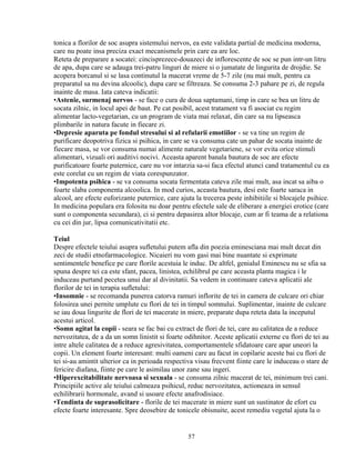 tonica a florilor de soc asupra sistemului nervos, ea este validata partial de medicina moderna,
care nu poate insa preciza exact mecanismele prin care ea are loc.
Reteta de preparare a socatei: cincisprezece-douazeci de inflorescente de soc se pun intr-un litru
de apa, dupa care se adauga trei-patru linguri de miere si o jumatate de lingurita de drojdie. Se
acopera borcanul si se lasa continutul la macerat vreme de 5-7 zile (nu mai mult, pentru ca
preparatul sa nu devina alcoolic), dupa care se filtreaza. Se consuma 2-3 pahare pe zi, de regula
inainte de masa. Iata cateva indicatii:
•Astenie, surmenaj nervos - se face o cura de doua saptamani, timp in care se bea un litru de
socata zilnic, in locul apei de baut. Pe cat posibil, acest tratament va fi asociat cu regim
alimentar lacto-vegetarian, cu un program de viata mai relaxat, din care sa nu lipseasca
plimbarile in natura facute in fiecare zi.
•Depresie aparuta pe fondul stresului si al refularii emotiilor - se va tine un regim de
purificare deopotriva fizica si psihica, in care se va consuma cate un pahar de socata inainte de
fiecare masa, se vor consuma numai alimente naturale vegetariene, se vor evita orice stimuli
alimentari, vizuali ori auditivi nocivi. Aceasta aparent banala bautura de soc are efecte
purificatoare foarte puternice, care nu vor intarzia sa-si faca efectul atunci cand tratamentul cu ea
este corelat cu un regim de viata corespunzator.
•Impotenta psihica - se va consuma socata fermentata cateva zile mai mult, asa incat sa aiba o
foarte slaba componenta alcoolica. In mod curios, aceasta bautura, desi este foarte saraca in
alcool, are efecte euforizante puternice, care ajuta la trecerea peste inhibitiile si blocajele psihice.
In medicina populara era folosita nu doar pentru efectele sale de eliberare a energiei erotice (care
sunt o componenta secundara), ci si pentru depasirea altor blocaje, cum ar fi teama de a relationa
cu cei din jur, lipsa comunicativitatii etc.

Teiul
Despre efectele teiului asupra sufletului putem afla din poezia eminesciana mai mult decat din
zeci de studii etnofarmacologice. Nicaieri nu vom gasi mai bine nuantate si exprimate
sentimentele benefice pe care florile acestuia le induc. De altfel, genialul Eminescu nu se sfia sa
spuna despre tei ca este sfant, pacea, linistea, echilibrul pe care aceasta planta magica i le
induceau purtand pecetea unui dar al divinitatii. Sa vedem in continuare cateva aplicatii ale
florilor de tei in terapia sufletului:
•Insomnie - se recomanda punerea catorva ramuri inflorite de tei in camera de culcare ori chiar
folosirea unei pernite umplute cu flori de tei in timpul somnului. Suplimentar, inainte de culcare
se iau doua lingurite de flori de tei macerate in miere, preparate dupa reteta data la inceputul
acestui articol.
•Somn agitat la copii - seara se fac bai cu extract de flori de tei, care au calitatea de a reduce
nervozitatea, de a da un somn linistit si foarte odihnitor. Aceste aplicatii externe cu flori de tei au
intre altele calitatea de a reduce agresivitatea, comportamentele sfidatoare care apar uneori la
copii. Un element foarte interesant: multi oameni care au facut in copilarie aceste bai cu flori de
tei si-au amintit ulterior ca in perioada respectiva visau frecvent fiinte care le induceau o stare de
fericire diafana, fiinte pe care le asimilau unor zane sau ingeri.
•Hiperexcitabilitate nervoasa si sexuala - se consuma zilnic macerat de tei, minimum trei cani.
Principiile active ale teiului calmeaza psihicul, reduc nervozitatea, actioneaza in sensul
echilibrarii hormonale, avand si usoare efecte anafrodisiace.
•Tendinta de suprasolicitare - florile de tei macerate in miere sunt un sustinator de efort cu
efecte foarte interesante. Spre deosebire de tonicele obisnuite, acest remediu vegetal ajuta la o


                                                  57
 