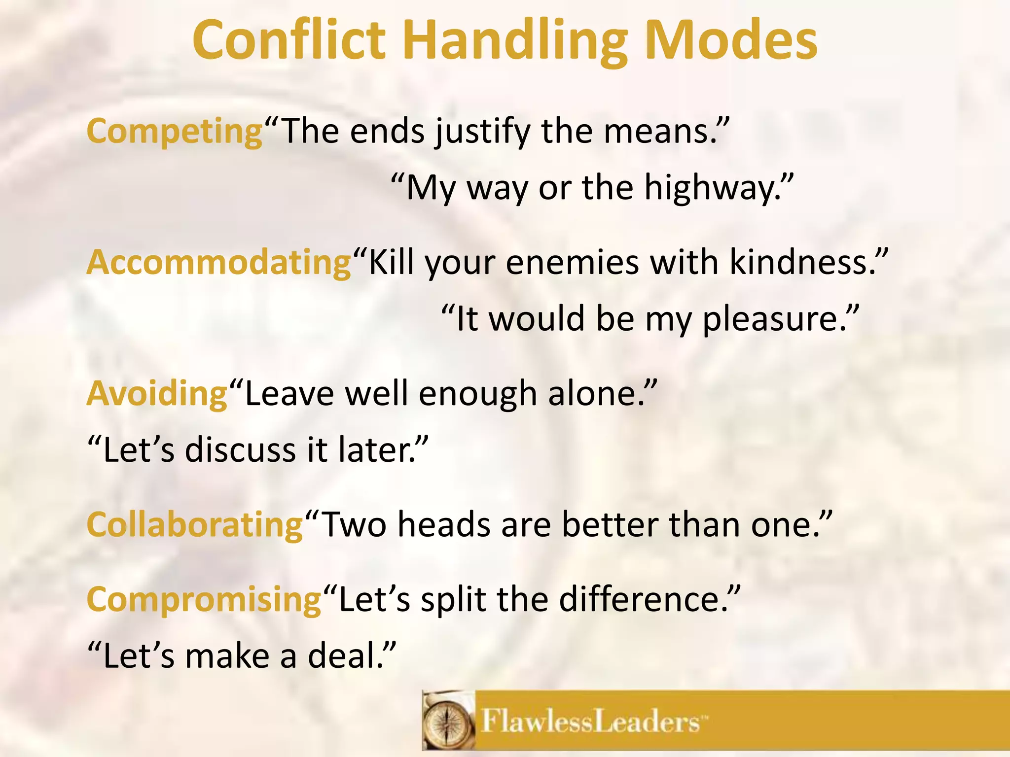 Conflict Handling ModesCompeting“The ends justify the means.”							“My way or the highway.”Accommodating“Kill your enemies with kindness.”				“It would be my pleasure.”Avoiding“Leave well enough alone.”“Let’s discuss it later.”Collaborating“Two heads are better than one.”Compromising“Let’s split the difference.”“Let’s make a deal.”