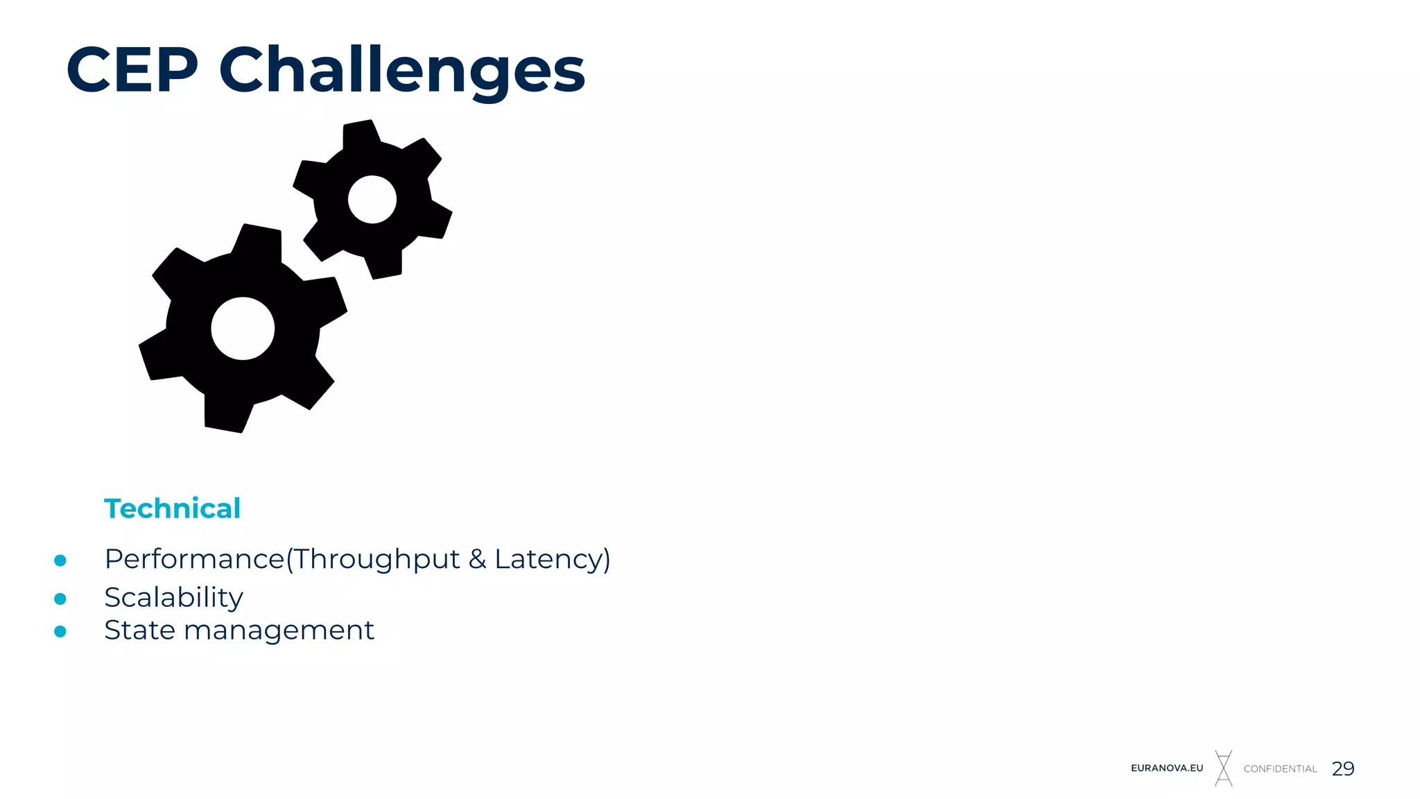 CEP Challenges
29
Technical
● Performance(Throughput & Latency)
● Scalability
● State management
 