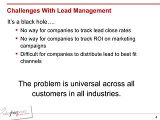 Challenges With Lead Management It’s a black hole…. No way for companies to track lead close rates No way for companies to track ROI on marketing campaigns Difficult for companies to distribute lead to best fit channels The problem is universal across all customers in all industries. 