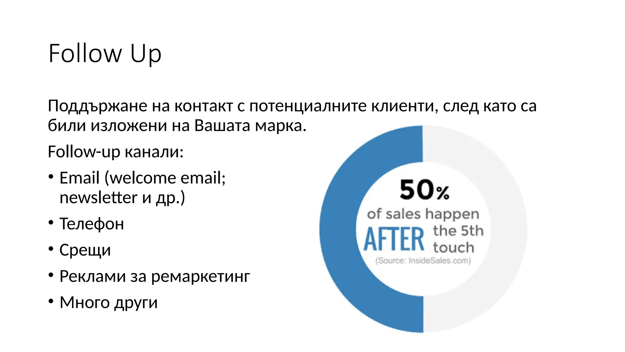 Follow Up
Поддържане на контакт с потенциалните клиенти, след като са
били изложени на Вашата марка.
Follow-up канали:
• Email (welcome email;
newsletter и др.)
• Телефон
• Срещи
• Реклами за ремаркетинг
• Много други
 