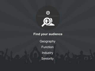 Find your audience 
Geography 
Function 
Industry 
Seniority 
 