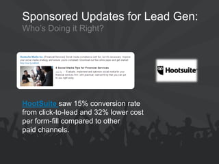HootSuite saw 15% conversion rate from click-to-lead and 32% lower cost per form-fill compared to other paid channels. 
Sponsored Updates for Lead Gen: 
Who’s Doing it Right? 
 