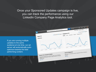 Once your Sponsored Updates campaign is live, you can track the performance using our LinkedIn Company Page Analytics tool. 
If you are running multiple updates to the same audience at one time, our ad server will automatically auto- optimize towards the best performing content. 
25  