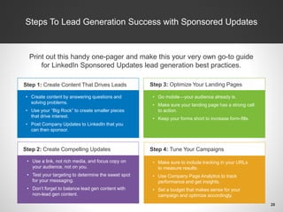 Steps To Lead Generation Success with Sponsored Updates 
Print out this handy one-pager and make this your very own go-to guide for LinkedIn Sponsored Updates lead generation best practices. 
Step 2: Create Compelling Updates 
Step 3: Optimize Your Landing Pages 
Step 4: Tune Your Campaigns 
•Create content by answering questions and solving problems. 
•Use your “Big Rock” to create smaller pieces that drive interest. 
•Post Company Updates to LinkedIn that you can then sponsor. 
•Use a link, not rich media, and focus copy on your audience, not on you. 
•Test your targeting to determine the sweet spot for your messaging. 
•Don’t forget to balance lead gen content with non-lead gen content. 
•Go mobile—your audience already is. 
•Make sure your landing page has a strong call to action. 
•Keep your forms short to increase form-fills. 
•Make sure to include tracking in your URLs to measure results. 
•Use Company Page Analytics to track performance and get insights. 
•Set a budget that makes sense for your campaign and optimize accordingly. 
Step 1: Create Content That Drives Leads 
28  