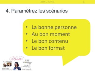 Be SMART
• S – Simple à comprendre par tous
• M – Mesurable, non subjectif
• A – Atteignable, pas décourageant
• R – Réaliste, non utopique
• T – « Timé », inscrit dans un délai
2016 © La Team Web 25
« Je veux 13% de CA en + dans les 6
prochains mois »
 