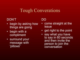 Tough Converations DON’T begin by asking how things are going begin with a compliment surround your message with 'pillows' DO come straight at the issue get right to the point say what you have to say in 60 seconds and then invite the person to join the conversation 