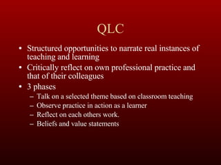 QLC Structured opportunities to narrate real instances of teaching and learning Critically reflect on own professional practice and that of their colleagues 3 phases Talk on a selected theme based on classroom teaching Observe practice in action as a learner Reflect on each others work. Beliefs and value statements 