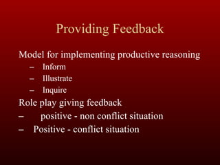 Providing Feedback Model for implementing productive reasoning Inform Illustrate Inquire Role play giving feedback positive - non conflict situation Positive - conflict situation 