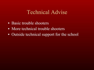 Technical Advise Basic trouble shooters More technical trouble shooters Outside technical support for the school 