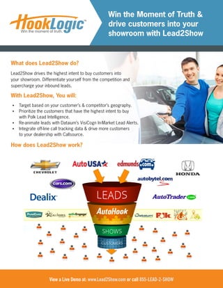 Win the Moment of Truth &
                                                  drive customers into your
                                                  showroom with Lead2Show


What does Lead2Show do?
Lead2Show drives the highest intent to buy customers into
your showroom. Differentiate yourself from the competition and
supercharge your inbound leads.

With Lead2Show, You will:
•	 Target based on your customer’s & competitor’s geography.
•	 Prioritize the customers that have the highest intent to buy
   with Polk Lead Intelligence.
•	 Re-animate leads with Dataium’s VisiCogn In-Market Lead Alerts.
•	 Integrate off-line call tracking data & drive more customers
   to your dealership with Callsource.

How does Lead2Show work?




                    View a Live Demo at: www.Lead2Show.com or call 855-LEAD-2-SHOW
 