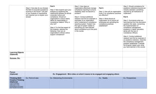 Step 4: How else do you foresee
the field of corporate compliance
evolving in the future? This part
of your analysis is hypothetical
and requires you to explain your
answer.
Part II.
Step 3: Now expand upon your
analysis by explaining the
relationship between an ethical
corporate culture and
compliance. Should an
organization's culture clearly
define its responsibility in
compliance matters? Why or
why not?
Step 4: For the final aspect of
this analysis, address the
following: How can an
organization's ethical culture
support compliance?
Step 3: How does an
organization effectively manage
compliance reporting to ensure
retaliation does not become a
problem?
Step 4: Conduct additional
research and find an example or
examples of an organization
which implements a compliance
reporting system. Explain how
this type of system relates to
everything you have learned
about compliance up to this point
in the course.
Part II.
Step 3: How will an organization
know if its compliance practices
are effective?
Step 4: What should an
organization do to ensure all
employees are upholding the
compliance practices
established?
Step 2: Should compliance for
academic institutions become an
industry standard, something
required for all institutions to
implement?
Part II.
Step 3: Summarize what you
have learned from the discussion
question this week, concerning
the implementation of
compliance management
programs in higher education,
along with the use of
Compliance Officers.
Step 4: Conduct additional
research and find an example of
an academic institution. Describe
the compliance management
program established. Evaluate
the program based upon what
you have learned in this course.
Learning Objects
(Optional)
Quizzes, Etc.
Focus:
(Optional) Ex: Engagement: Mini-video on what it means to be engaged and engaging others
Thinking Skill:
Creative Thinking
(Optional)
(as an example)
(delivered in mini-
presentations and linked
from Student Commons)
Ex. Point-of-view Ex. Welcoming Environments Ex. Reality Ex. Perspectives
 
